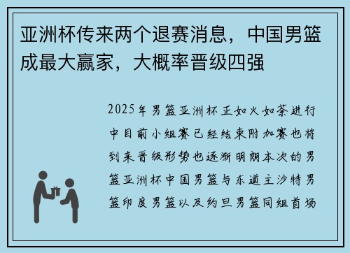 亚洲杯传来两个退赛消息，中国男篮成最大赢家，大概率晋级四强